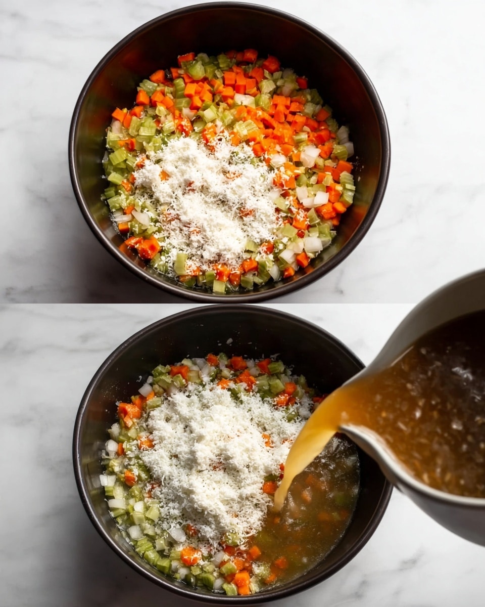 Two black bowls sit on a white marbled surface. In the first bowl, small chopped orange carrots, green celery, and white onions form the bottom layer, topped by a generous layer of white flour sprinkled unevenly over the vegetables. In the second bowl, the same chopped vegetables are visible, but now a light brown liquid broth is being poured gently from a gray container, partially covering the vegetables and creating a thin layer of liquid over them. The colors mix with the orange, green, and white from the vegetables visible through the broth. photo taken with an iphone --ar 4:5 --v 7