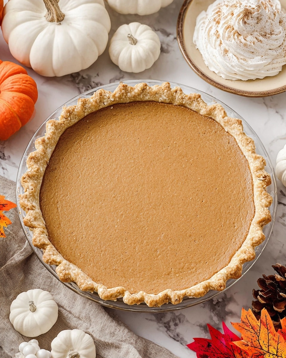 A single-layer pie with a smooth light brown filling in a glass pie dish sits on a white marbled surface. The pie crust is golden and crimped around the edges with a slightly flaky texture. Surrounding the pie are small white and tan pumpkins, orange and white wooden beads, a beige plate with a swirl of whipped cream sprinkled with spice, and colorful autumn leaves and a pinecone for decoration. The scene has a cozy, fall-themed feel. photo taken with an iphone --ar 4:5 --v 7