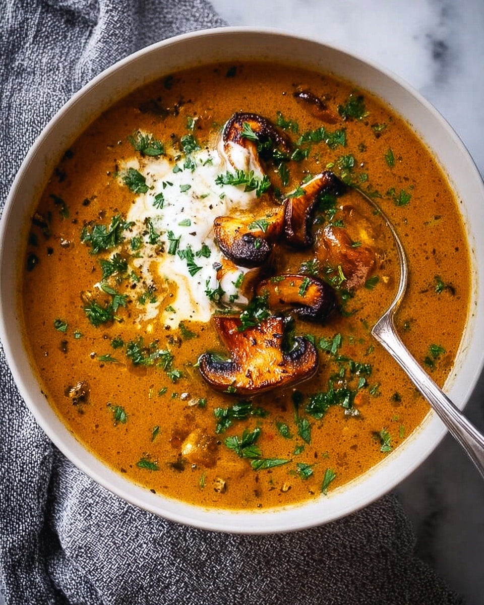 A white bowl filled with thick orange-brown mushroom soup sits on a white marbled surface with a grey textured cloth beneath. The soup has visible small pieces of mushroom embedded throughout. On top, a dollop of white cream rests slightly off-center, partially mixed in. Around the cream, several browned, sautéed mushrooms with a golden color and uneven texture are garnished. Finely chopped green herbs are scattered generously on the soup's surface, adding a fresh contrast. A silver spoon is placed inside the bowl on the right side, ready to eat. photo taken with an iphone --ar 4:5 --v 7