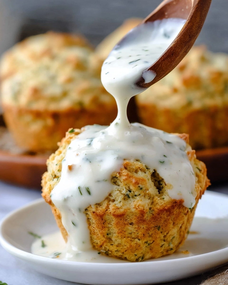 A close-up view shows a golden-brown biscuit muffin with a rough, crumbly texture as the base layer sitting on a white plate. A thick, creamy white sauce with small flecks of green herbs is being poured over the muffin from a wooden spoon above, covering the top and slowly dripping down the sides. Another biscuit muffin lightly covered with the same sauce is partially visible in the background, all placed on a white marbled surface. photo taken with an iphone --ar 4:5 --v 7