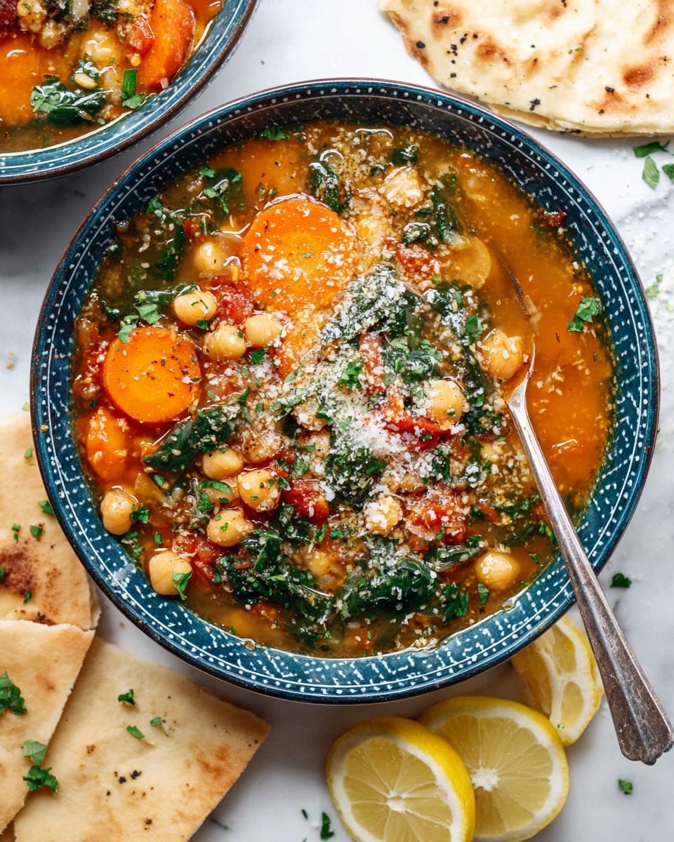 The image shows a blue patterned bowl filled with a hearty chickpea soup, layered with orange carrot slices, creamy chickpeas, vibrant green spinach leaves, and diced red tomatoes in a rich, orange-brown broth. The soup is sprinkled with finely grated cheese and chopped fresh herbs on top, adding texture and color contrast. A silver spoon is resting in the bowl on the right side. Around the bowl, there are pieces of lightly browned flatbread and lemon wedges on a white marbled surface, adding a fresh and rustic feel to the scene. Photo taken with an iphone --ar 4:5 --v 7