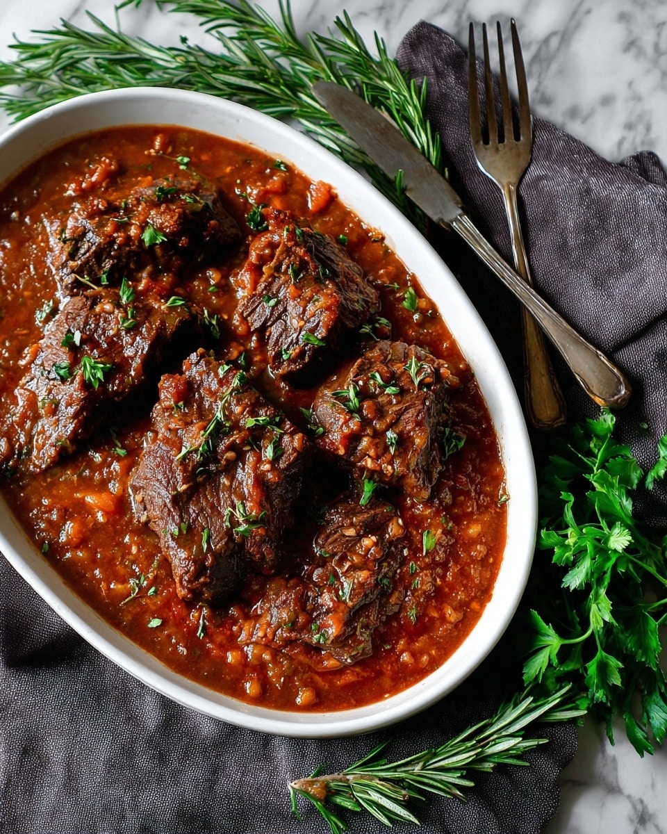 The image shows a large white oval dish filled with several thick, dark brown pieces of meat resting on a rich, chunky reddish-brown sauce. The sauce has a textured look with small bits of vegetables or herbs mixed in, spread all over the bottom and partially covering the meat. Fresh green herbs are sprinkled on top of the meat for a touch of color. Around the dish, there are sprigs of fresh rosemary and parsley resting on a white marbled surface, along with a dark gray cloth and an old-fashioned two-prong meat fork nearby. photo taken with an iphone --ar 4:5 --v 7