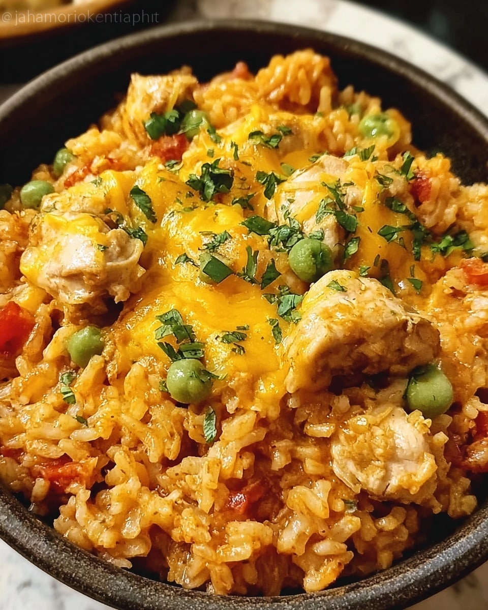 The dish is served in a white bowl filled with a base layer of orange rice mixed with small pieces of red tomato. On top of the rice is a layer of cooked chicken chunks covered with melted yellow cheese that looks creamy and slightly stretchy. Scattered across the cheese and chicken are small green bits of avocado and fresh cilantro leaves, adding bright green color and texture. The bowl sits on a white marbled surface. photo taken with an iphone --ar 4:5 --v 7