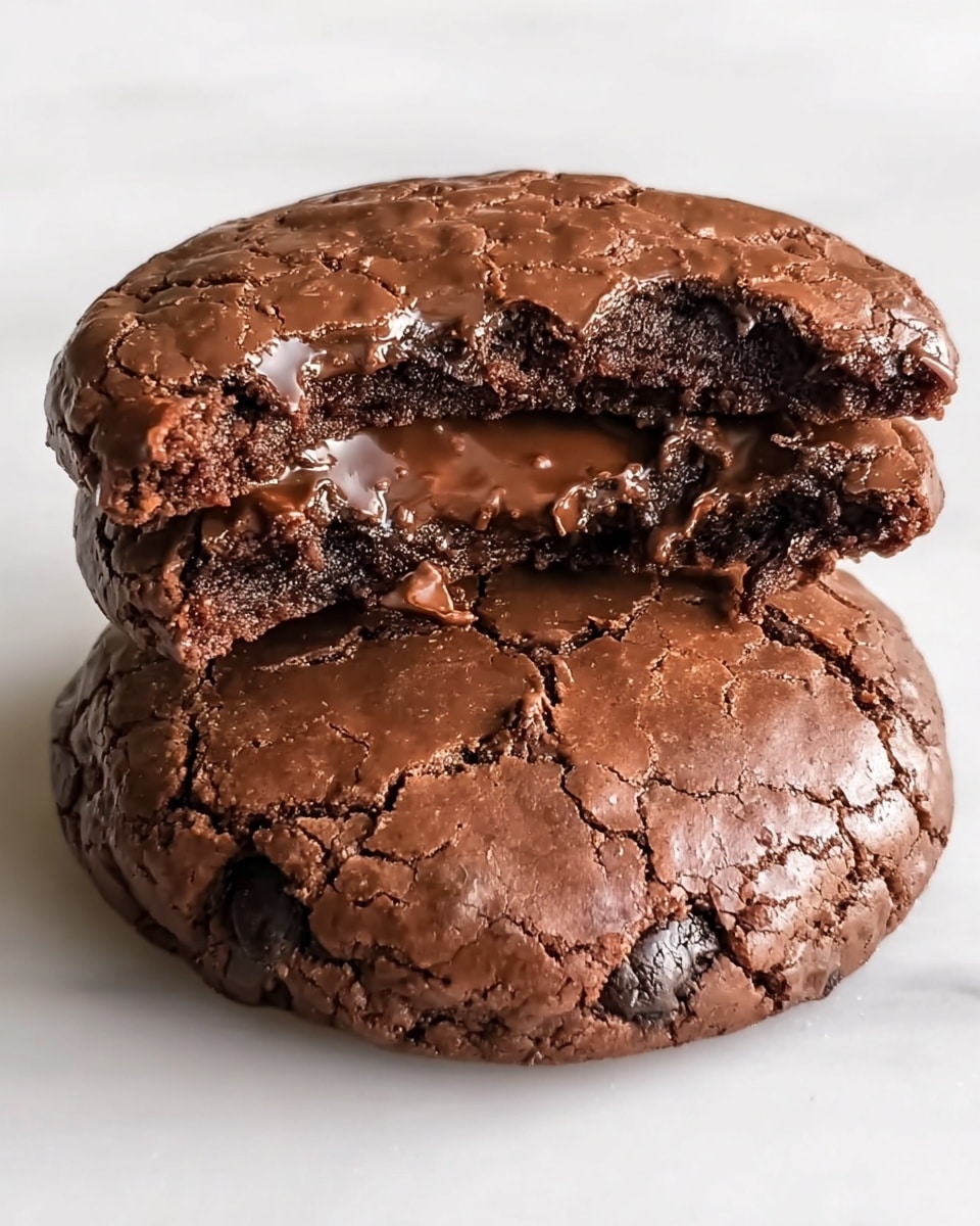 Two round, thick chocolate cookies are stacked on a white marbled surface. The bottom cookie is whole, showing a smooth, shiny, slightly cracked surface with some dark chocolate chips embedded. The top cookie is broken in half, revealing a soft, gooey, melted chocolate center with a rich dark brown color, and the outer layer looks slightly crisp with cracks and a matte texture. photo taken with an iphone --ar 4:5 --v 7