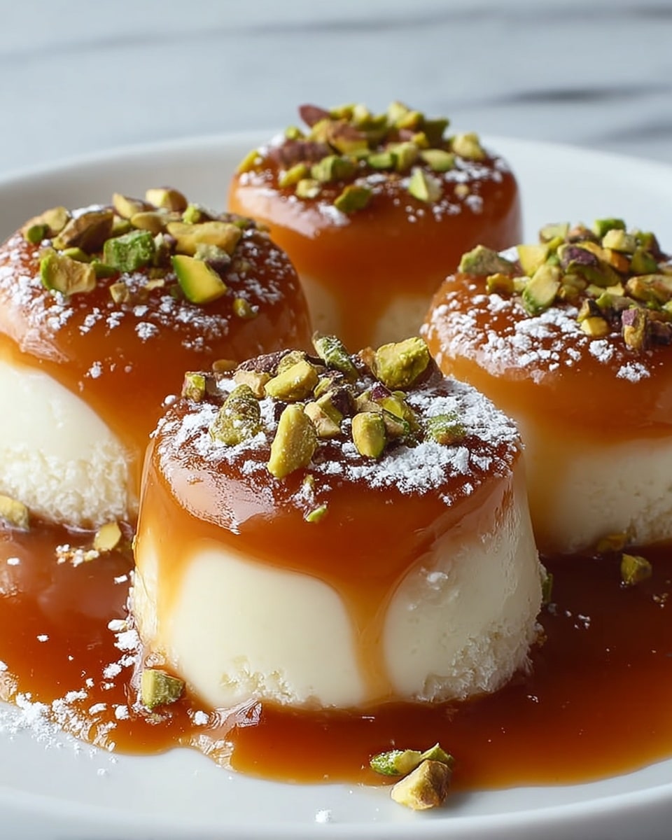 The image shows four round white creamy balls arranged closely on a white plate. Each ball has two layers: a smooth, thick caramel brown sauce layer on top and a soft, crumbly white base layer. The caramel sauce drips slightly down the sides, pooling on the plate. On top of the caramel layer, there are scattered small chopped green pistachio nuts and a light dusting of white powder. The plate is set on a white marbled surface. Photo taken with an iphone --ar 4:5 --v 7