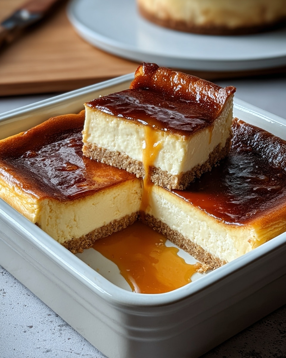 A square cheesecake with three visible layers sits in a white ceramic baking dish. The bottom layer is a thin crust with a golden brown color and crumbly texture, the middle layer is thick, creamy, and pale yellow, while the top layer is a glossy caramelized brown with uneven darker patches. One slice is missing, revealing the smooth texture inside and a pool of shiny caramel sauce spreading in the dish below. In the background, there is a blurred round cheesecake on a white marble textured surface. photo taken with an iphone --ar 4:5 --v 7