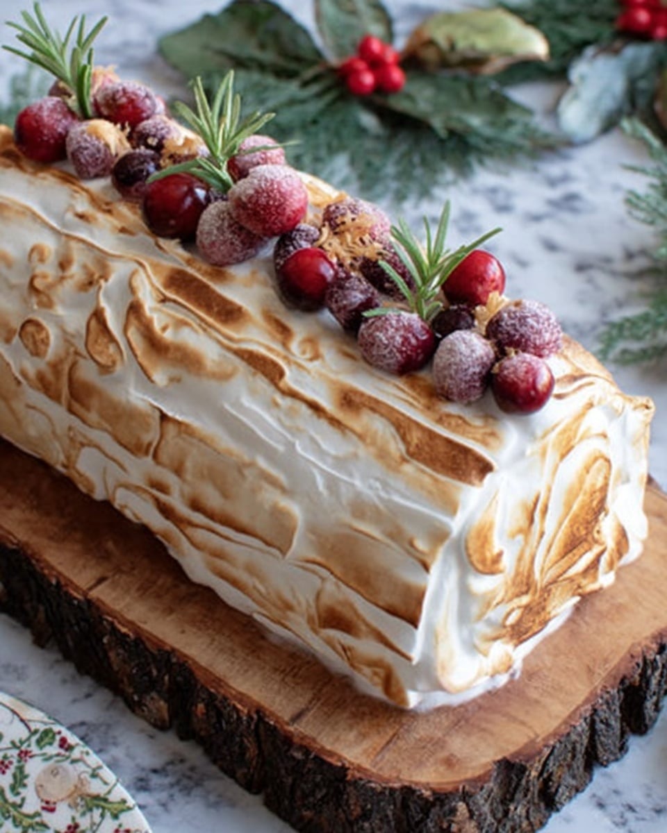 A rectangular log-shaped cake covered in white toasted meringue with light brown swirls all over, sitting on a wooden board with bark. On top, there is a neat row of frosted cranberries in different shades of red and purple, some whole and some cut in half, with small green rosemary sprigs in between. The background features a white marbled texture with green and red holiday decorations. Photo taken with an iphone --ar 4:5 --v 7