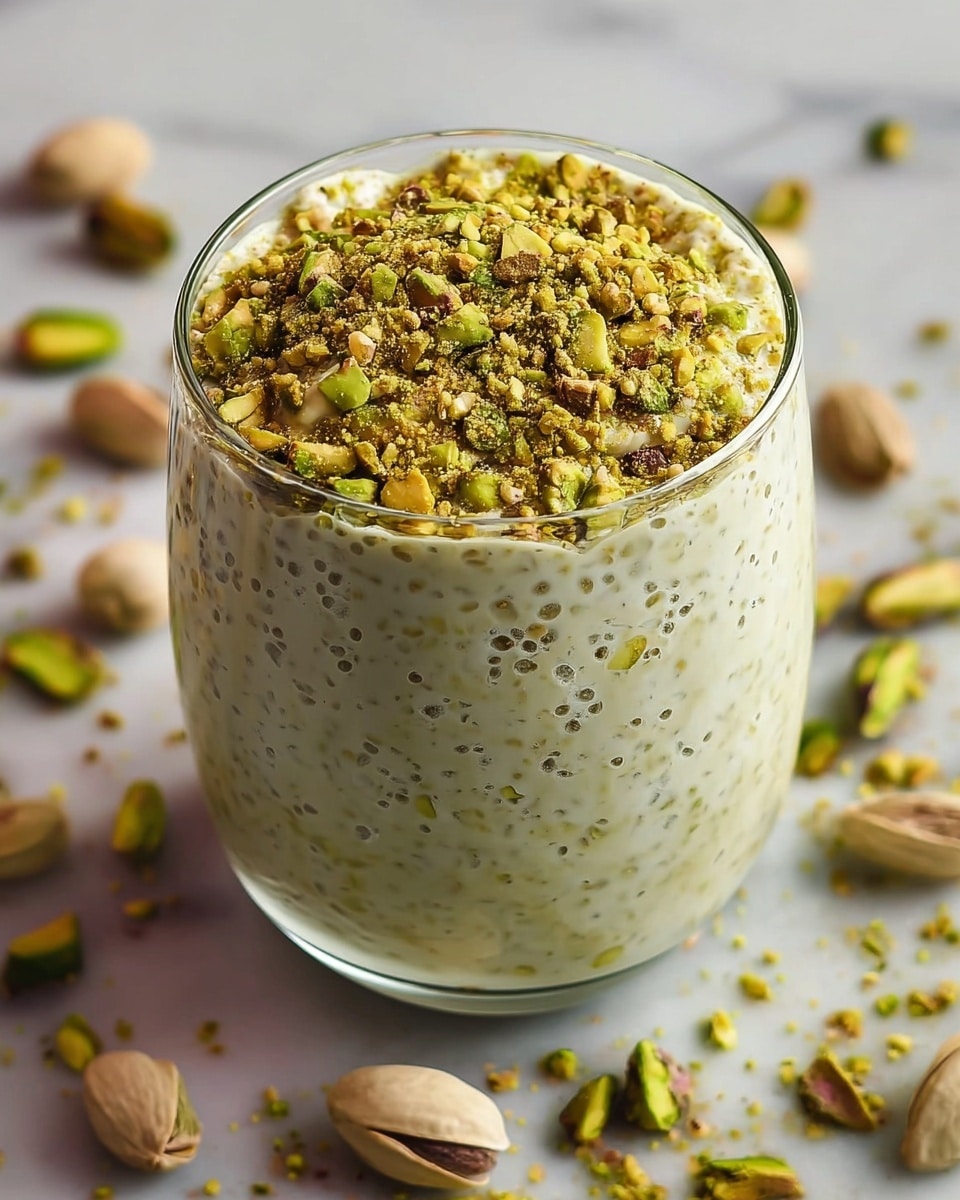 A clear glass filled with creamy pistachio pudding that has small, light green and beige specks throughout, showing chopped pistachio nuts mixed inside. The pudding rises almost to the rim of the glass, topped with a thick layer of finely chopped pistachios and a light dusting of golden brown powder. The glass sits on a white marbled surface scattered with whole and halved pistachio nuts around it. The texture of the pudding looks smooth and slightly bubbly near the top. photo taken with an iphone --ar 4:5 --v 7