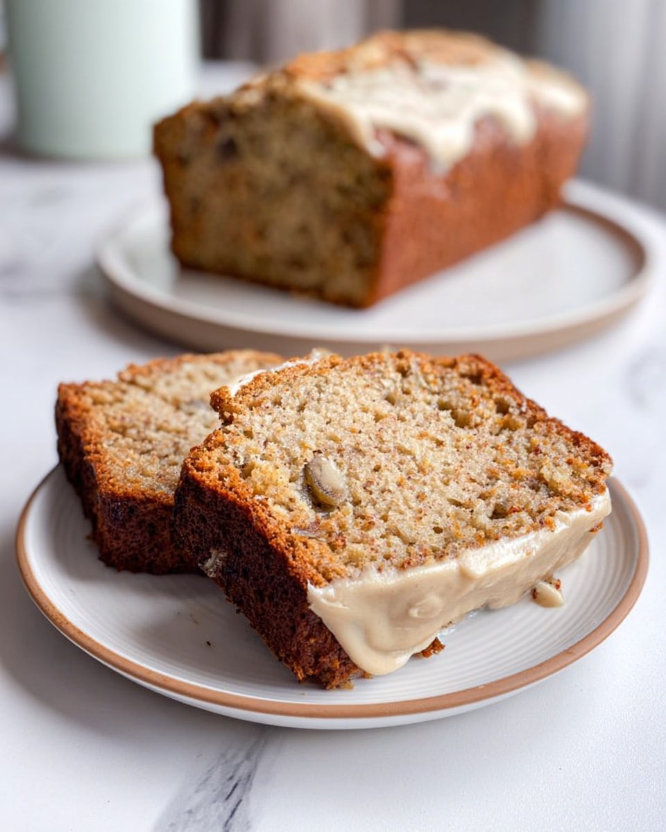 Two thick slices of banana bread sit side by side on a white plate with a light brown rim, placed on a white marbled surface. Each slice shows a dense, moist texture with chunks of banana visible throughout, and a golden brown crust at the bottom. The left slice has a creamy, slightly melted layer of light beige frosting running over the edge, adding a soft, smooth contrast to the bread's crumbly surface. In the background, more of the loaf with a similar frosting layer is seen on another white plate with a light brown rim. Photo taken with an iphone --ar 4:5 --v 7