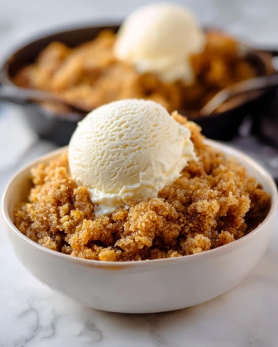 A cast iron skillet holds a warm dessert with two main layers: a thick, crumbly, golden-brown streusel topping covering the entire surface, and beneath it, a moist, orange-brown pumpkin filling visible where a spoon has scooped some out from the bottom right side. On top of the streusel are three round scoops of creamy white vanilla ice cream, slightly melting and sitting close together in the center. A golden spoon rests inside the skillet on the right, partially submerged in the pumpkin layer. The skillet is set on a folded dark gray cloth, placed on a white marbled surface, with soft-focus autumn leaves and small orange pumpkins in the background. Photo taken with an iphone --ar 4:5 --v 7