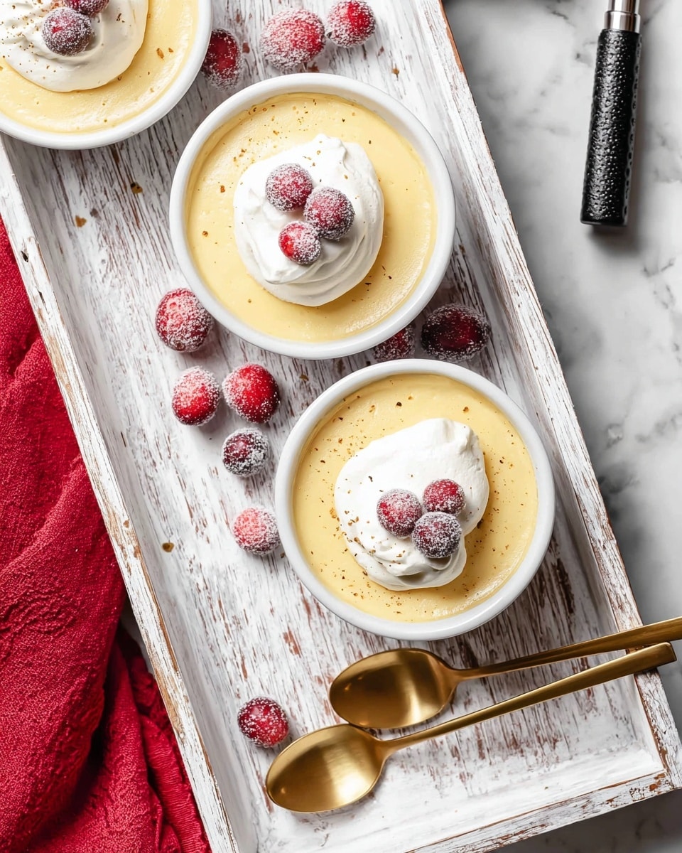 Three white ramekins filled with smooth, light orange pudding sit on a rustic white wooden tray. Each pudding is topped with a small dollop of white whipped cream and two frosted red berries. The pudding surface is glossy and sprinkled lightly with a dusting of brown spice. The scene is set on a white marbled textured surface, with a black-handled utensil and a red cloth visible nearby. photo taken with an iphone --ar 4:5 --v 7