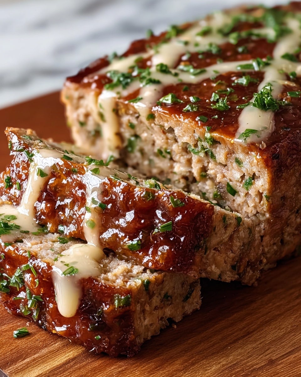 The image shows a close-up of a thick, rectangular meatloaf with a glossy, browned crust on top. The meatloaf is sliced to reveal a soft, moist inside mixed with small green herb pieces throughout. The top has a light drizzle of a creamy sauce, with small chopped green herbs sprinkled evenly on the surface. The meatloaf sits on a wooden board with a white marbled texture in the background. photo taken with an iphone --ar 4:5 --v 7