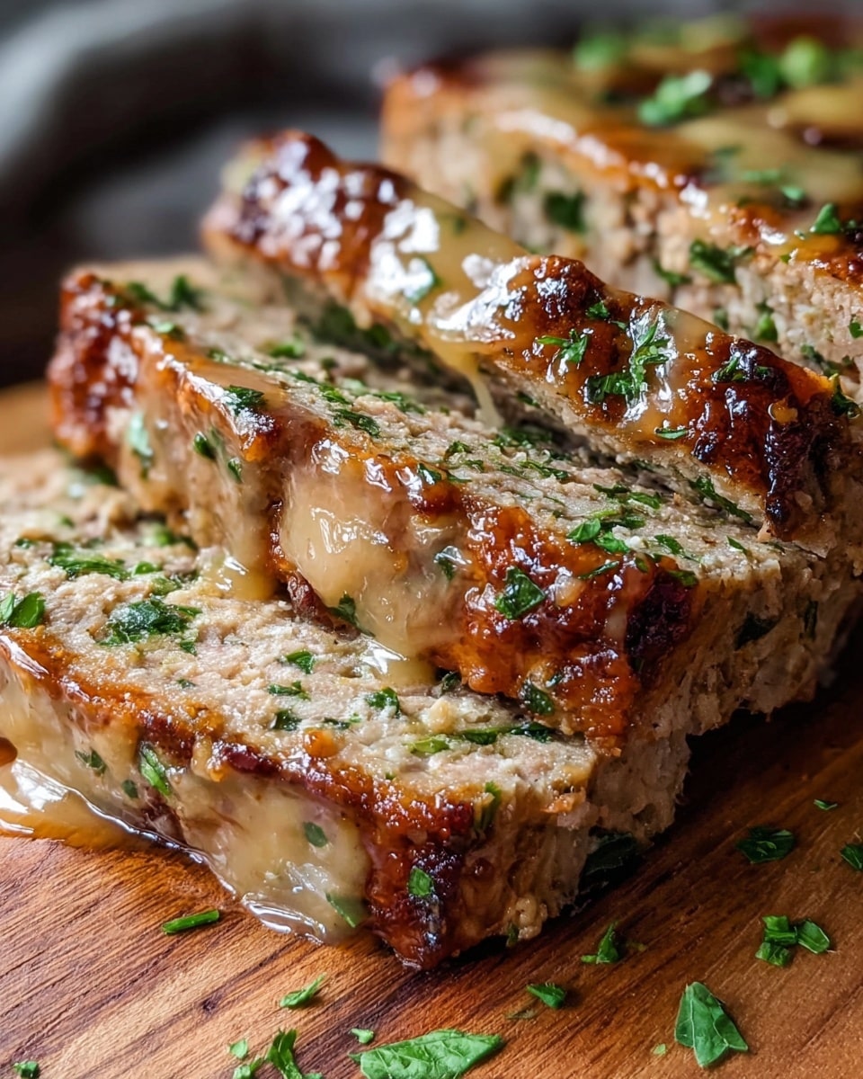 The image shows a close-up of a cooked meatloaf cut into thick slices, placed on a wooden board. The meatloaf has a golden-brown crust with a slightly crispy texture on the outside, while the inside looks moist and packed with small bits of green herbs. The top of the meatloaf is glazed with a shiny, light brown sauce that is slightly dripping down the sides. Fresh chopped green herbs are sprinkled over the meatloaf and the wooden board beneath it, adding a fresh touch to the rich dish. The layers show a firm yet juicy texture with finely mixed ingredients. Photo taken with an iphone --ar 4:5 --v 7