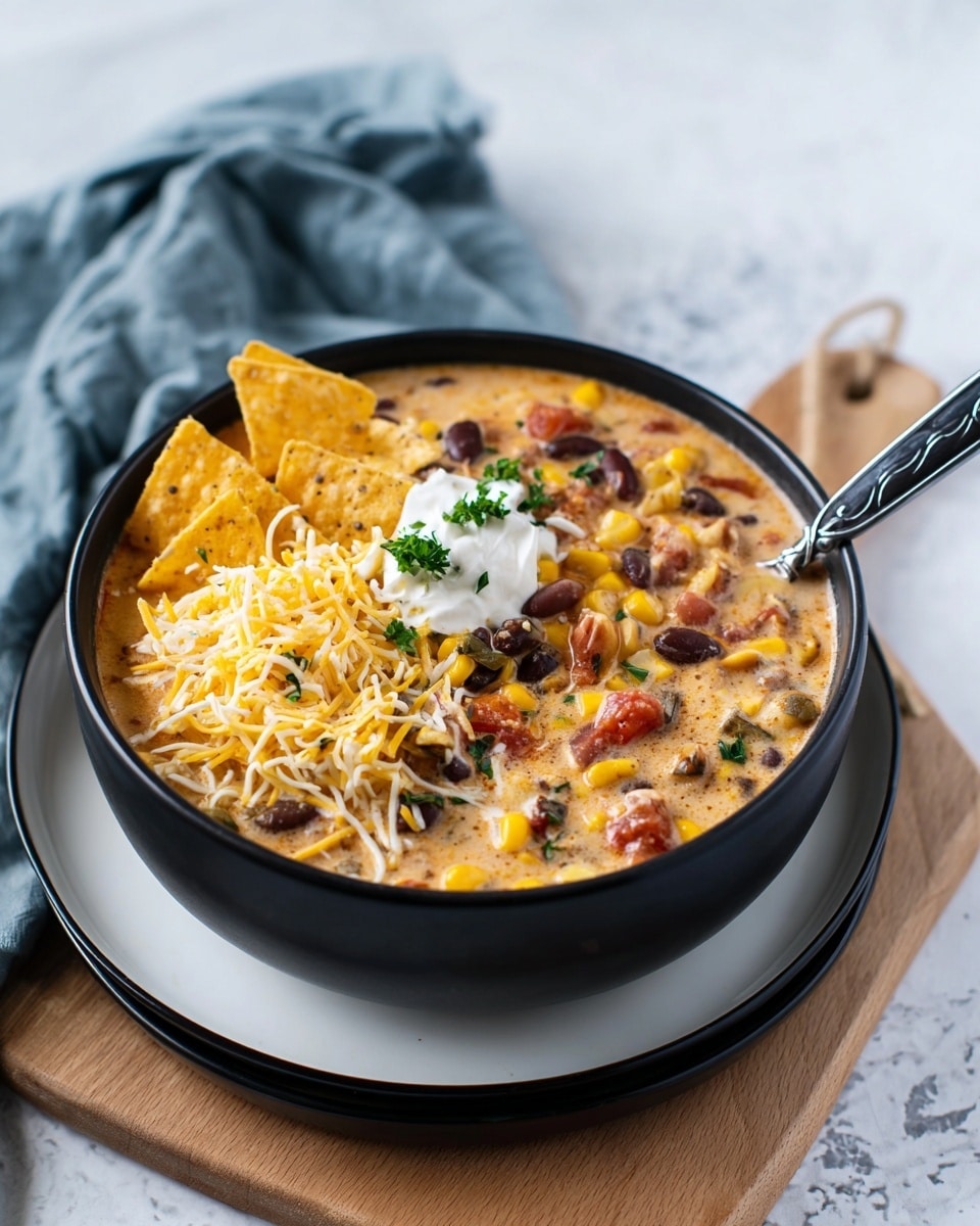 A black bowl filled with a creamy chili mix made from black beans, yellow corn, diced tomatoes, and small pieces of chicken, all mixed in a light orange sauce and sprinkled with green chopped herbs. On one side of the bowl, there are yellowish corn chips stacked together, topped with a small dollop of white sour cream, and shredded white cheese scattered over and around the chips. The bowl sits on a round wooden board placed on a white plate, with a soft gray napkin beside it on a white marbled textured surface. Photo taken with an iphone --ar 4:5 --v 7