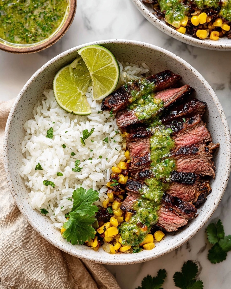 A white speckled bowl shows two main layers: on the left side, fluffy white rice with small green herb leaves sprinkled on top, and on the right side, sliced grilled steak with a pink center and charred edges, drizzled with a chunky green sauce. Bright yellow corn kernels and chopped fresh cilantro are scattered over both rice and steak. Two lime halves, one at the top and one at the bottom, add a fresh touch. The bowl sits on a white marbled surface with a beige cloth partly visible underneath. In the background, there is a small bowl filled with more green sauce and a partial view of another bowl with a dark brown and yellow topping. photo taken with an iphone --ar 4:5 --v 7