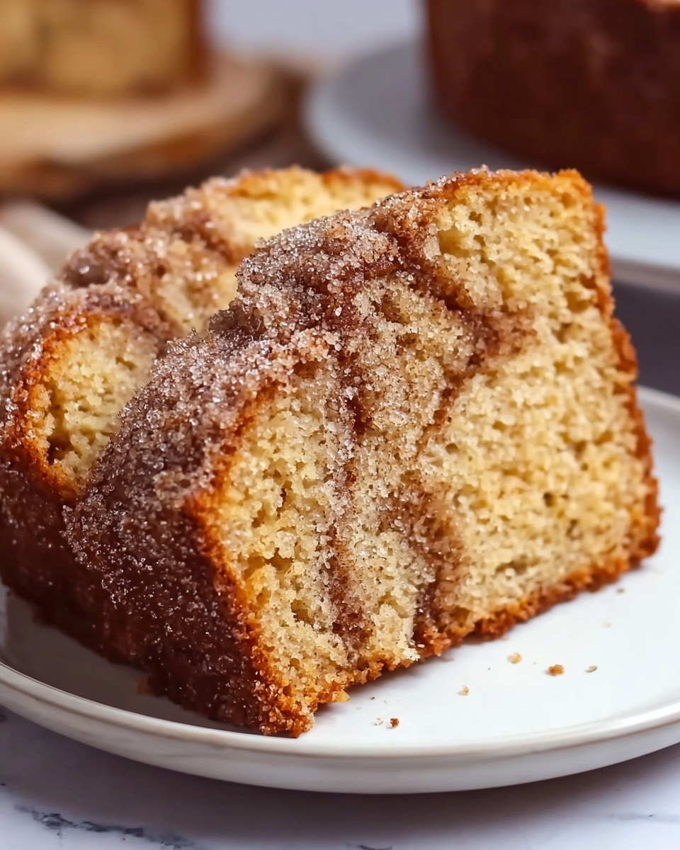 A close-up view of two slices of cinnamon swirl cake on a white plate, showing a moist, light brown crumb with visible cinnamon streaks running through the middle and top layer. The cake has a slightly crusty, darker brown exterior, and a light dusting of granulated sugar and cinnamon powder covers the top and surface, adding a sparkling texture. The blurred background hints at a white marbled surface under the plate. Photo taken with an iphone --ar 4:5 --v 7