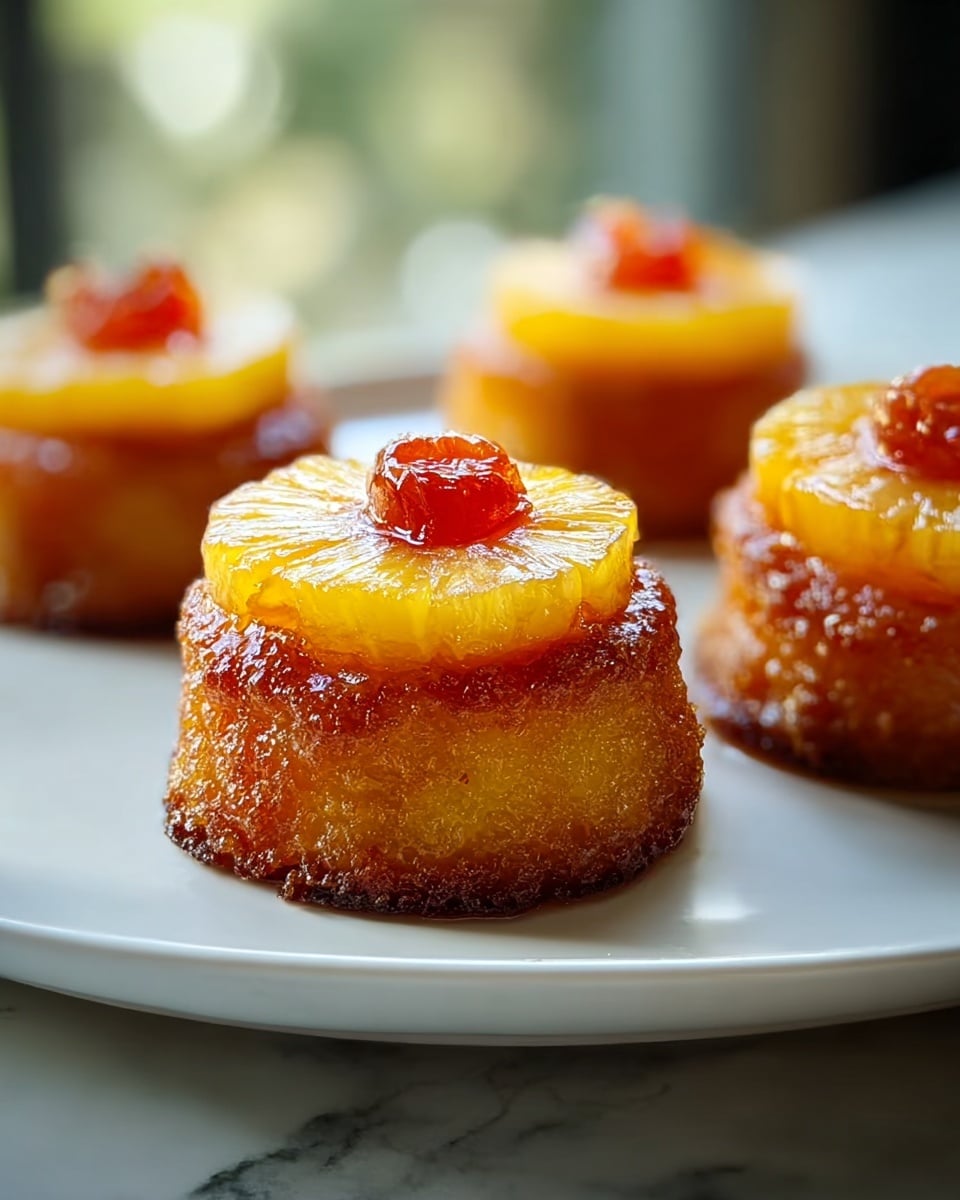 The image shows four small round pineapple upside-down cakes on a large white plate placed on a white marbled surface. Each cake has a golden brown caramelized base layer with a slightly crispy texture, topped with a bright yellow, glossy pineapple ring. On top of each pineapple ring is a small, shiny, reddish-brown candied cherry piece that looks sticky and sweet. The background is softly blurred with natural light coming from a window, highlighting the rich colors and moist texture of the cakes. photo taken with an iphone --ar 4:5 --v 7