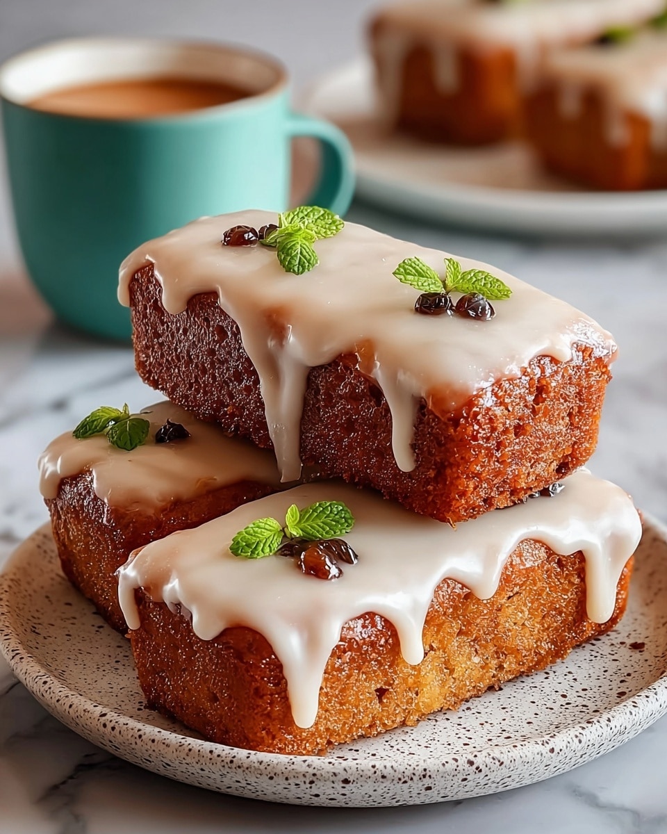 Three rectangular, golden-brown cakes are stacked on a white speckled plate, each cake topped with smooth, creamy white icing that drips down the sides. Small green mint leaves and shiny dark brown berries decorate the icing, adding a fresh touch. The cakes have a moist, slightly textured surface beneath the shiny icing. In the blurred background, a teal cup filled with a warm brown beverage and a white plate with another iced cake are visible, all set on a white marbled surface. Photo taken with an iphone --ar 4:5 --v 7