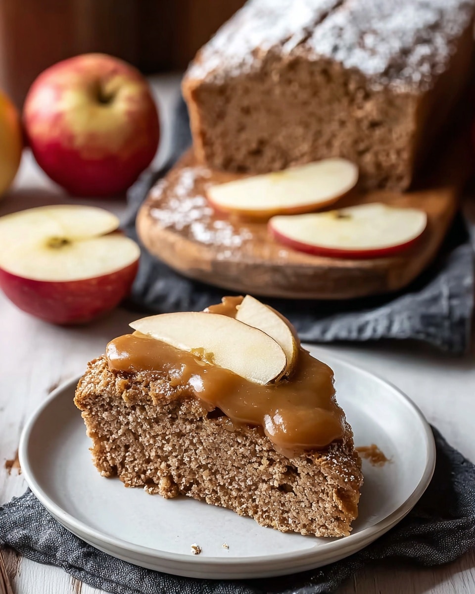A slice of brown crumbly cake sits on a white plate, topped with a thick layer of glossy caramel-colored spread. On top of the spread is a thin, round slice of light cream-colored apple with a smooth texture. In the background, there is a loaf of the same cake dusted with powdered sugar on a wooden board, along with two whole red apples and two round apple slices placed on a dark cloth, all set on a white marbled texture surface. photo taken with an iphone --ar 4:5 --v 7