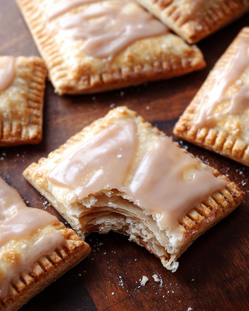 The image shows several rectangular toasted pastries with crimped edges and a light golden brown color, topped with a smooth, light brown glaze. One pastry in the front has a bite taken out of it, revealing multiple thin, flaky layers inside, with a slightly crumbly texture at the edge. The pastries are placed on a dark wooden surface that contrasts with the pastries’ pale color. The glaze on top looks shiny and slightly cracked. Photo taken with an iphone --ar 4:5 --v 7