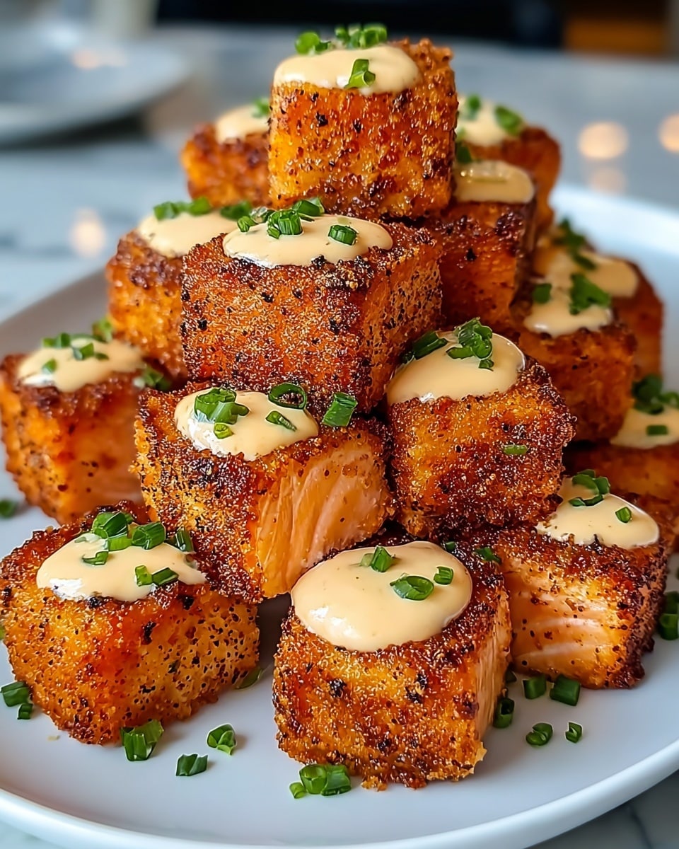 The image shows a white plate full of small, cube-shaped fried salmon pieces. Each piece has a crispy, golden-brown crust with visible seasoning, and the salmon inside is a light orange-pink color. On top of each cube is a dollop of creamy light beige sauce, garnished with small green chive pieces. The cubes are stacked close together, filling the plate, which is set on a white marbled surface. Photo taken with an iphone --ar 4:5 --v 7