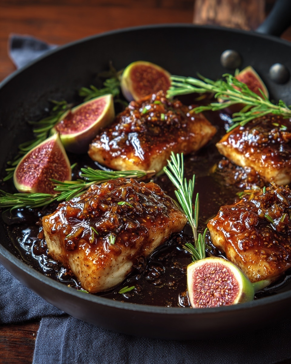 In a black pan, there are four pieces of golden-brown fish fillets covered with a shiny, thick dark glaze sauce with small bits on top. Around the fish, there are several quartered red and white figs with a juicy texture. Sprigs of fresh green rosemary are scattered on the fish and figs, adding a fresh, herb-like look. The pan sits on a wooden surface with a dark cloth beneath it. photo taken with an iphone --ar 4:5 --v 7