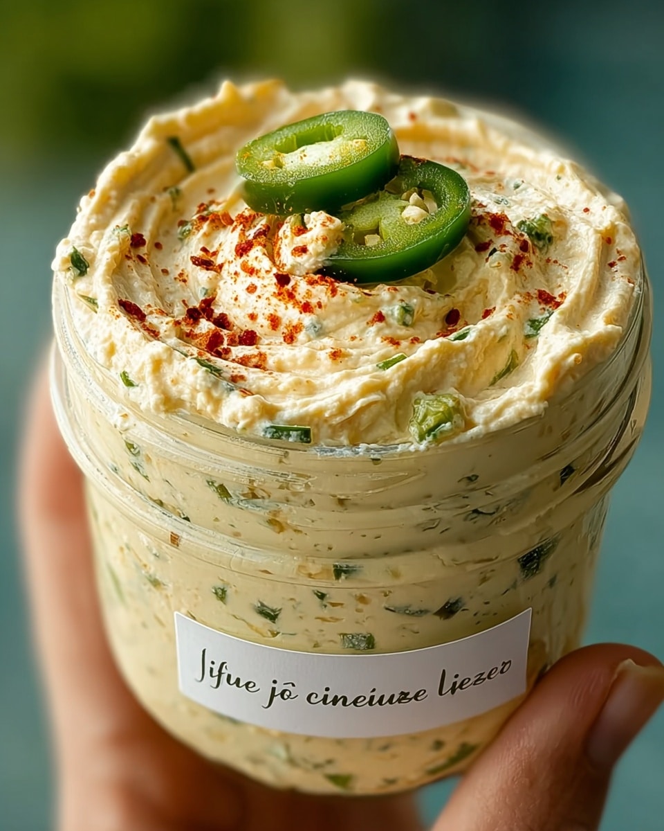 A close-up of a glass jar filled with a creamy, thick dip that is pale yellow with small green herb pieces mixed throughout. The surface of the dip is swirled smoothly with a dollop on top, sprinkled with bright red paprika and topped with two slices of fresh jalapeño pepper. A woman's hand is holding the jar from the sides, and the background is softly blurred green. The jar has a white label with black text. Photo taken with an iphone --ar 4:5 --v 7