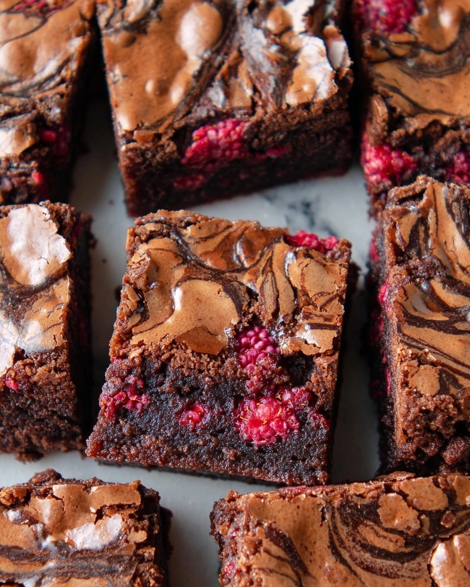 The image shows several square pieces of chocolate raspberry brownies arranged closely together on a white marbled surface. Each piece has a cracked, shiny brown top layer with swirls of darker chocolate creating a marbled effect. Below the top crust, the middle layer is dense, moist, and dark chocolate brown with visible red raspberry seeds scattered throughout, giving a contrast of deep red against the dark brown. The brownies are thick and rich, with the fruits embedded inside, showing textures of soft gooey chocolate and slightly rough fruit bits in each slice. Photo taken with an iphone --ar 4:5 --v 7