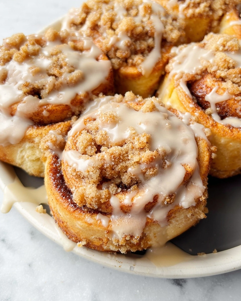 The image shows a close-up of several cinnamon rolls arranged on a white plate, placed on a white marbled surface. Each roll has a golden-brown base layer of baked dough swirled with darker brown cinnamon filling. On top, there is a crumbly, light beige streusel layer with a rough, uneven texture. Creamy white glaze is drizzled generously over the streusel and edges, creating smooth, shiny patches that slightly drip onto the plate below. Photo taken with an iphone --ar 4:5 --v 7