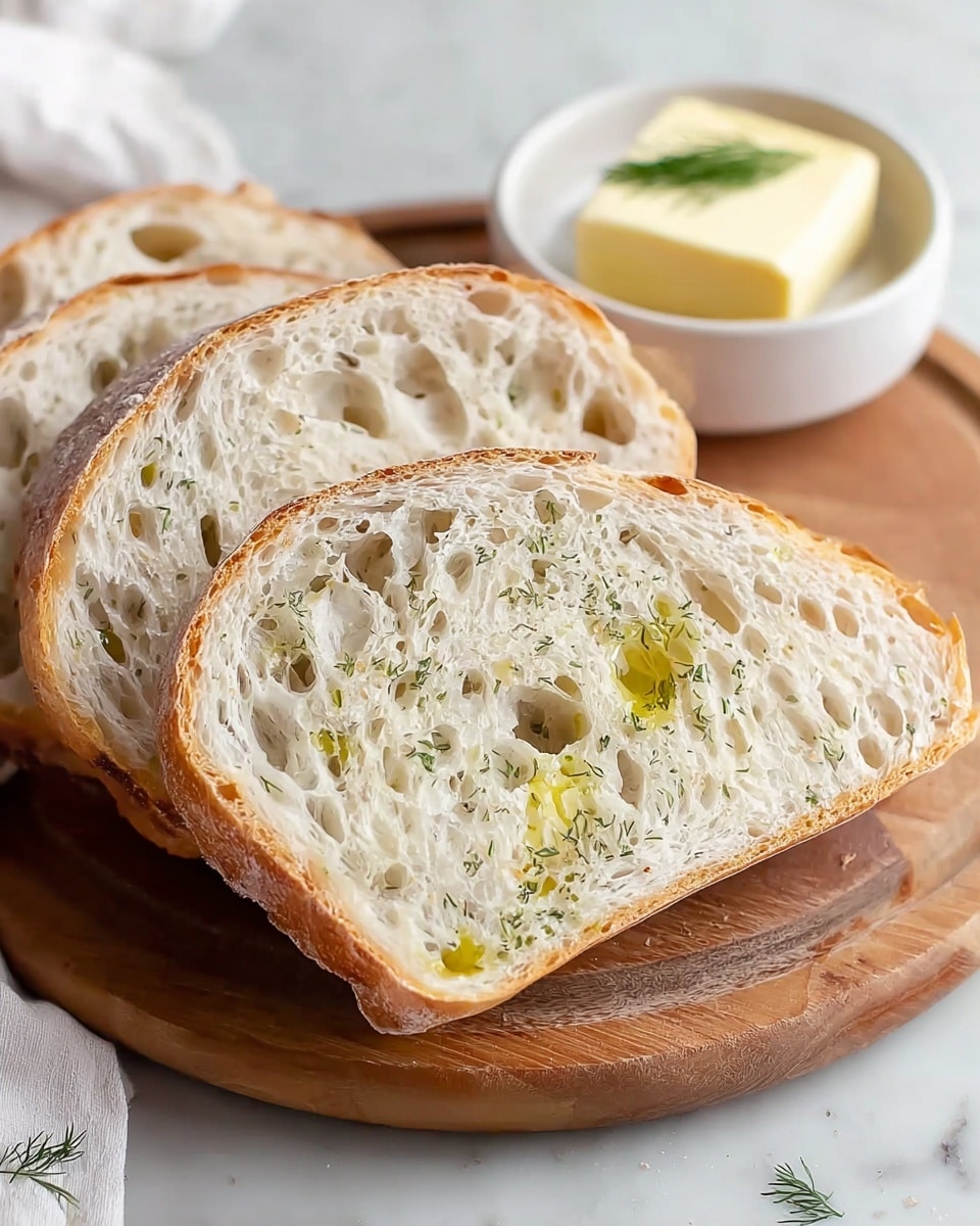 A close-up view of three slices of rustic white bread, stacked slightly overlapping on a round wooden board. The top slice shows a light golden crust with an airy, soft white inside that has small holes and is dotted with green flecks of herbs and drops of olive oil. In the background, there is a small white bowl holding a square of pale yellow butter topped with a sprig of fresh green dill. The scene rests on a white marbled surface with a white cloth partially visible. photo taken with an iphone --ar 4:5 --v 7