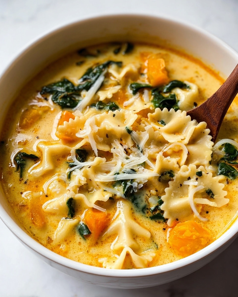 A white bowl filled with a creamy orange soup that has three distinct layers: large chunks of bright orange squash, dark green leafy spinach pieces scattered throughout, and wavy, flat lasagna noodles partially submerged in the broth. The soup’s surface has a smooth, slightly thick texture with melted white cheese shreds sprinkled on top, and a light sprinkle of black pepper visible. The bowl sits on a white marbled surface. photo taken with an iphone --ar 4:5 --v 7