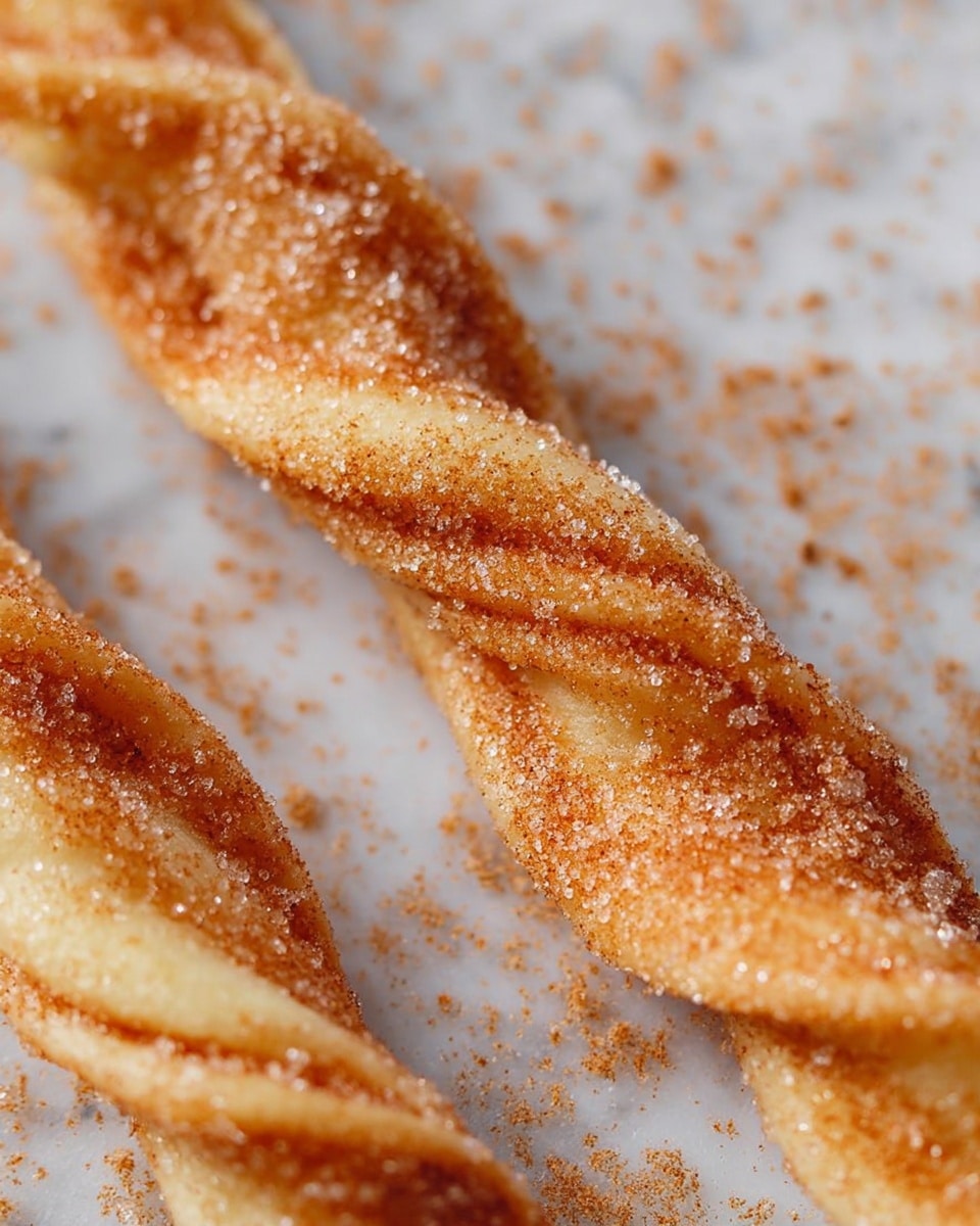 The image shows a close-up of a twisted pastry stick on a white marbled surface. The pastry has a golden brown color with a slightly shiny texture from a sugar glaze. It is coated with a layer of coarse sugar crystals mixed with cinnamon, giving a sparkling effect. The twisted dough shows subtle lighter and darker golden shades, adding depth to the appearance. The background has a sprinkle of sugar and cinnamon powder around the pastry, adding a rustic touch. Photo taken with an iphone --ar 4:5 --v 7