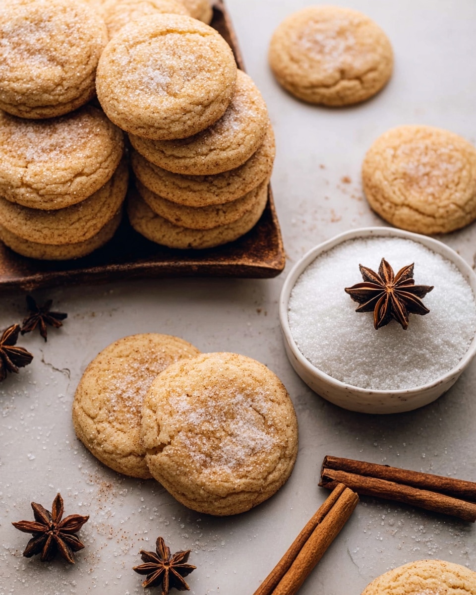 The image shows a group of soft, round cookies with a light brown color and a slightly cracked surface, sprinkled lightly with white sugar on top. The cookies are arranged on a white marbled texture, some stacked and some lying flat, creating a cozy and homemade feel. Near the lower right, there is a small white bowl filled with a white powdery substance, topped with a dark brown star anise and placed next to a cinnamon stick that rests on the bowl’s edge. Additional cinnamon sticks and star anise are scattered around the cookies, adding a warm and spicy touch to the scene. The photo is taken with an iphone --ar 4:5 --v 7