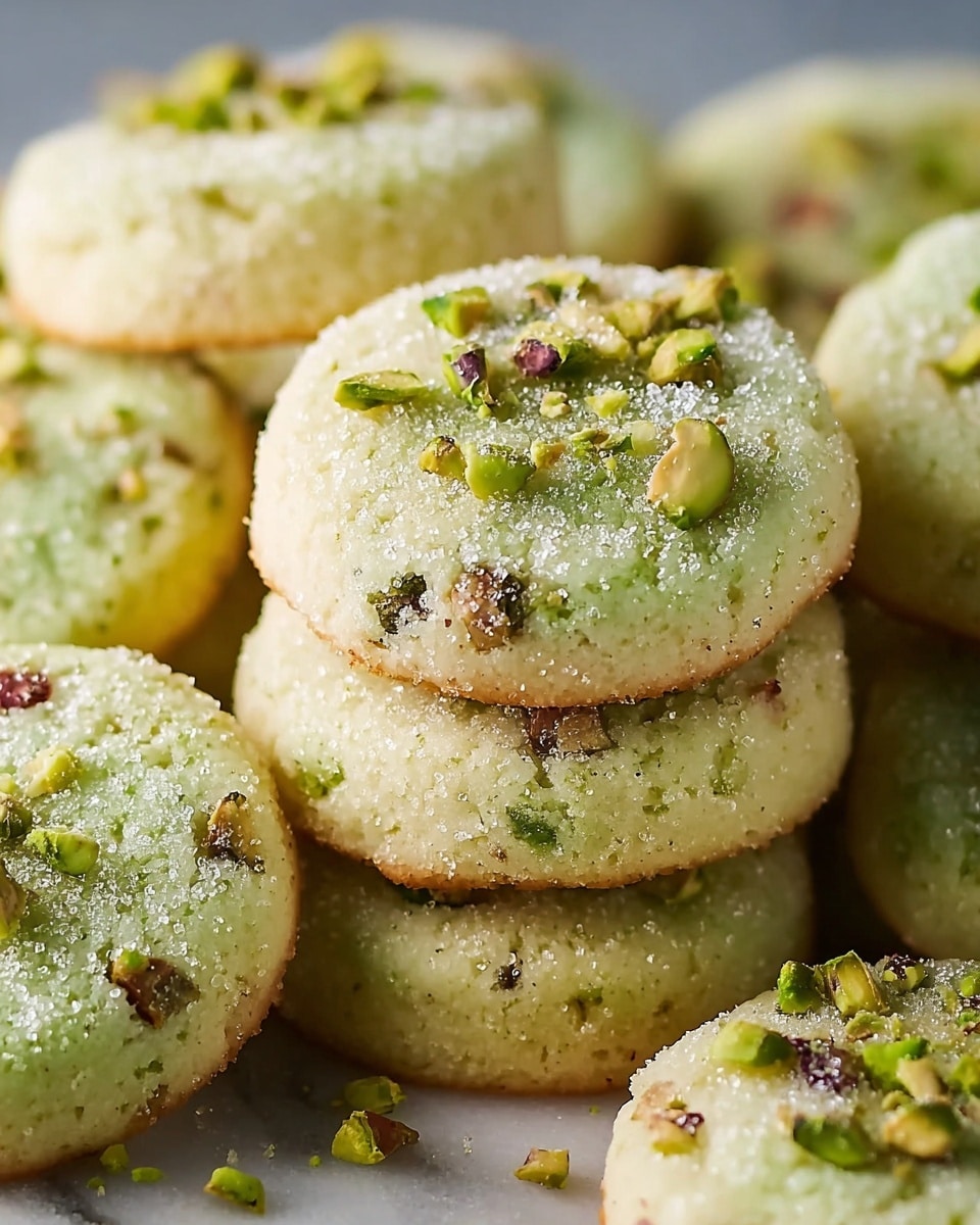 A close-up view of several small round pistachio cookies stacked on top of each other on a white marbled surface. Each cookie has a pale green color with slightly browned edges and is sprinkled with crushed green pistachio pieces throughout the surface. The texture appears soft with a light dusting of sugar adding a sparkling effect on top. The cookies are shown in layers, with some cookies overlapping and stacked to create depth and dimension. Photo taken with an iphone --ar 4:5 --v 7