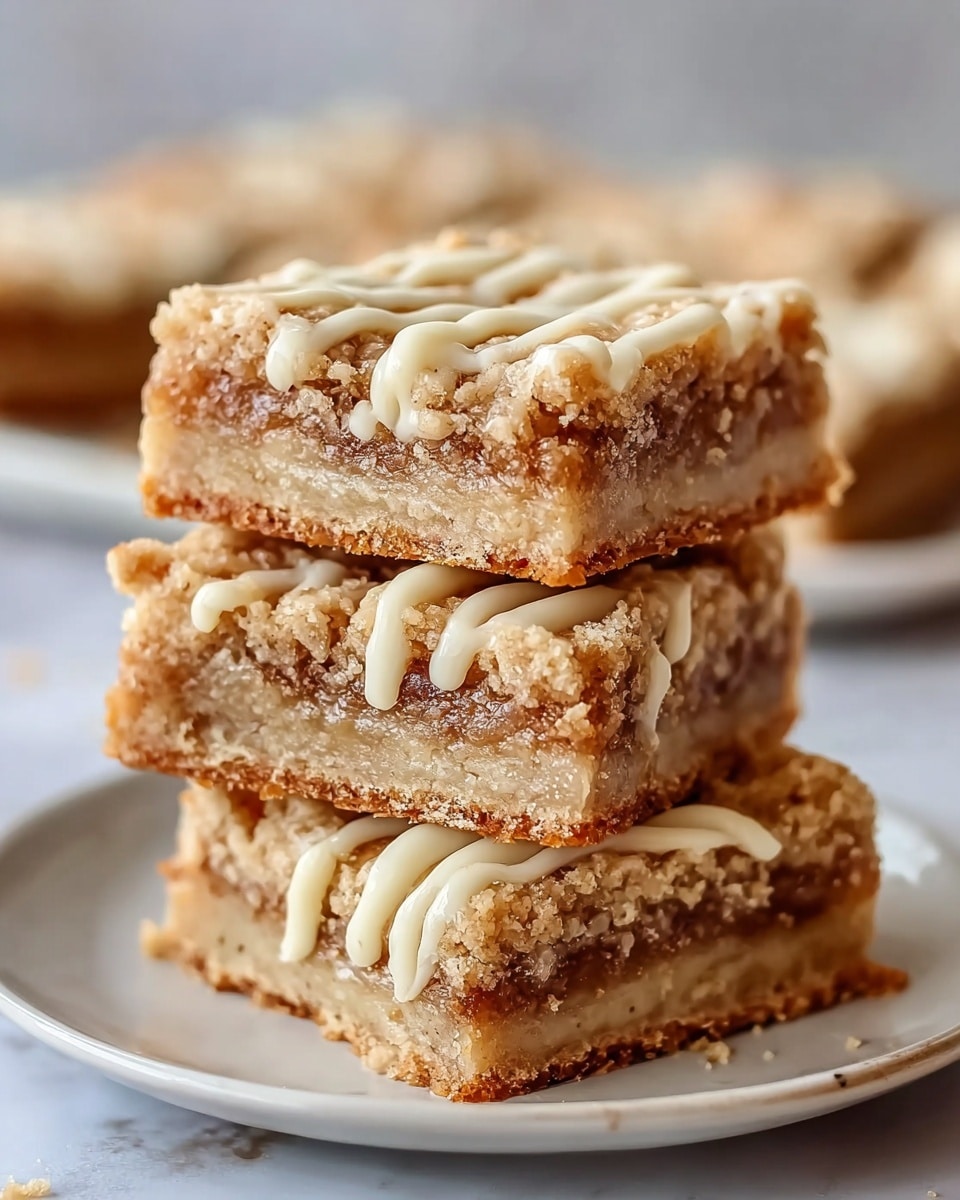 A close-up image of three square dessert bars stacked on top of each other on a white plate, each bar showing three distinct layers: a bottom thin crust layer that is golden brown and slightly crumbly, a thick middle layer that looks gooey and light brown with a chewy texture, and a top layer of crumbly streusel that is light brown with visible small bits; the tops of the bars are decorated with thin lines of creamy white icing drizzled across horizontally, all set on a white marbled surface in soft natural light, photo taken with an iphone --ar 4:5 --v 7