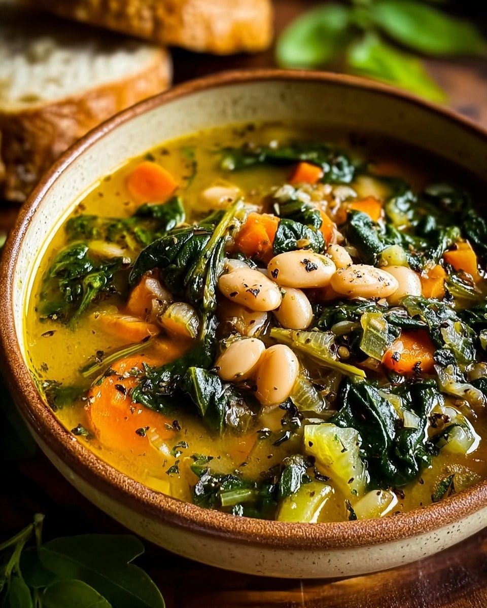A thick soup filled with several layers of ingredients in a beige bowl. The top layer has large white beans and dark green spinach leaves scattered throughout. Below, visible are chunks of orange carrot, pieces of light green celery, and some translucent onion bits, all mixed in a light yellow broth with small black specks of pepper. The bowl sits on a wooden surface with some blurred green leaves and a piece of bread in the background. The overall look is warm and hearty. Photo taken with an iphone --ar 4:5 --v 7
