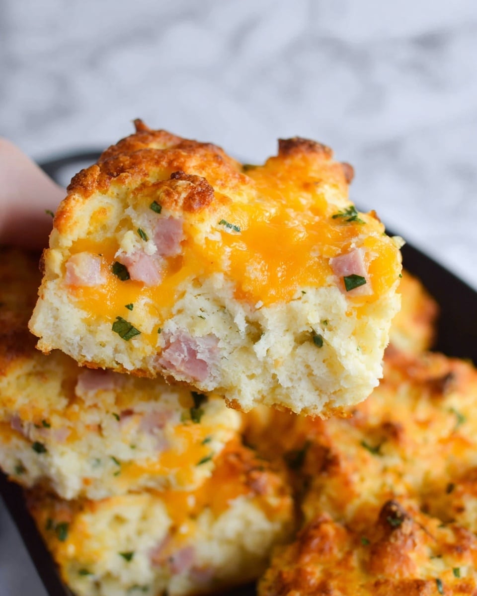 The dish is a fluffy baked cheese and ham biscuit cut into pieces, showing three main layers: the outer golden-brown crust with a slightly crispy texture, a thick white soft biscuit layer with small green herbs mixed in, and bright orange melted cheddar cheese with small chunks of pink ham scattered inside. The biscuit looks moist and crumbly, while the cheese melts softly throughout. The pieces are held by a woman's hand over a white marbled texture. Photo taken with an iphone --ar 4:5 --v 7