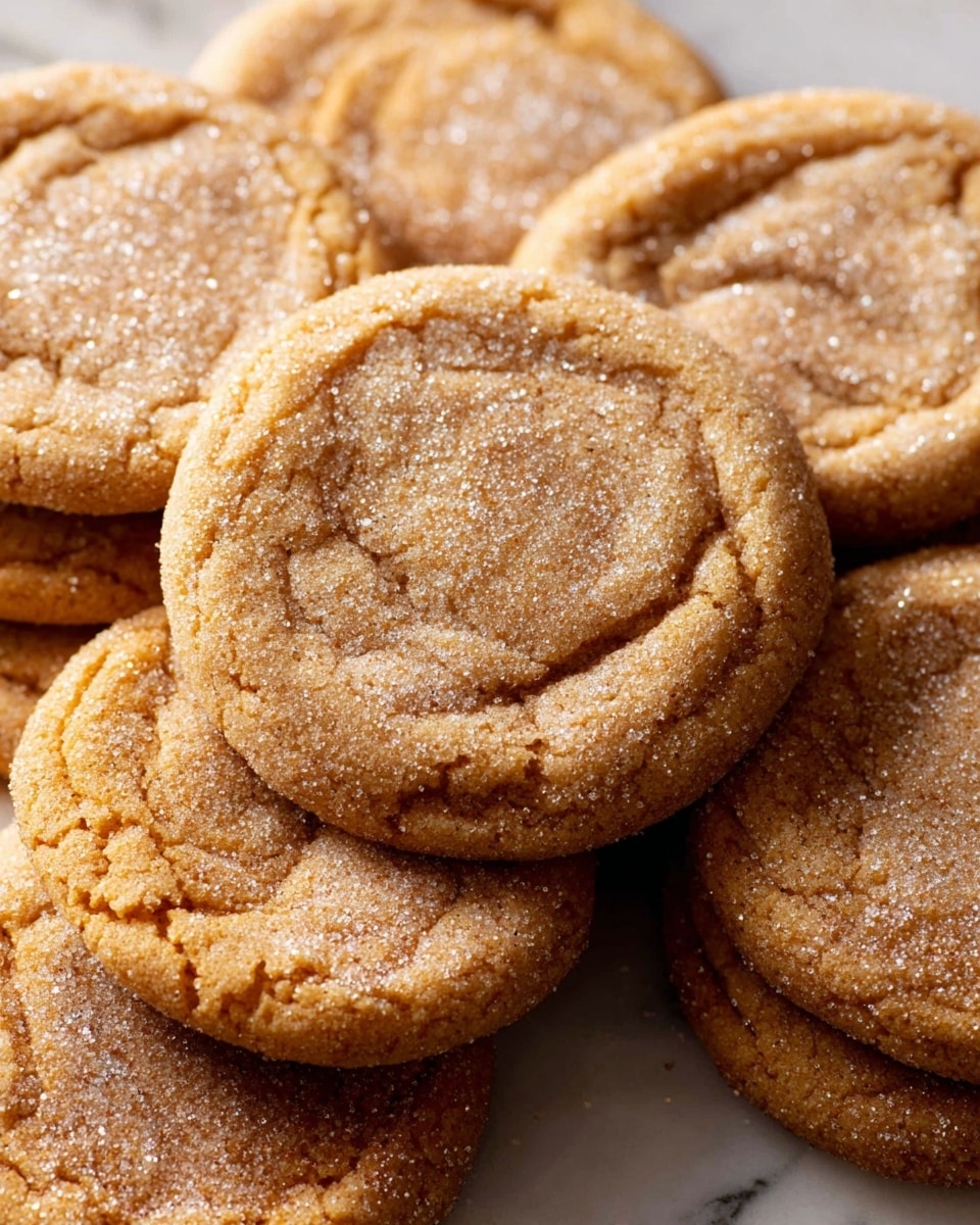 A close-up view of several round cookies laid on a white marbled surface, each cookie has a golden brown color with slightly darker, soft-looking edges and a textured top sprinkled evenly with fine sugar crystals, making them sparkle. The cookies are stacked, with some overlapping each other, showing about one to two layers of thickness with a soft, slightly cracked texture on the top and sides. The light reflects gently on the sugar and the warm tones of the cookies, emphasizing their fresh and chewy appearance. photo taken with an iphone --ar 4:5 --v 7