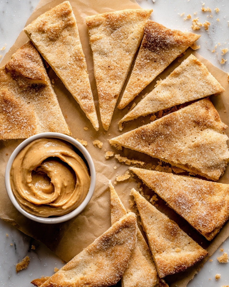 The image shows multiple triangular slices of a golden-brown baked flatbread arranged in a circle on a piece of parchment paper. The flatbread has a slightly rough texture with a sprinkled layer of sugar on top, giving it a sparkling effect. The edges of the slices are uneven and crumbly, with some crumbs scattered around the center. Next to the flatbread, there is a round bowl filled with creamy, smooth peanut butter that has swirled peaks and a shiny surface. The whole scene is set on a white marbled surface. Photo taken with an iphone --ar 4:5 --v 7