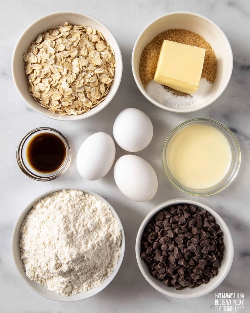 The image shows several white bowls and two eggs arranged neatly on a white marbled surface. In the top left corner, a white bowl is filled with light brown rolled oats. To the right, another white bowl contains golden yellow softened butter topped with light brown sugar and white granulated sugar. Below the oats, a smaller white bowl is filled with white flour. Two white eggs are placed side by side at the center. Next to the eggs, there are three small glass bowls containing white baking soda, brown liquid vanilla extract, and white salt. In the bottom right corner, a white bowl holds smooth pale yellow condensed milk covered with a thick layer of dark brown chocolate chips. Photo taken with an iphone --ar 4:5 --v 7