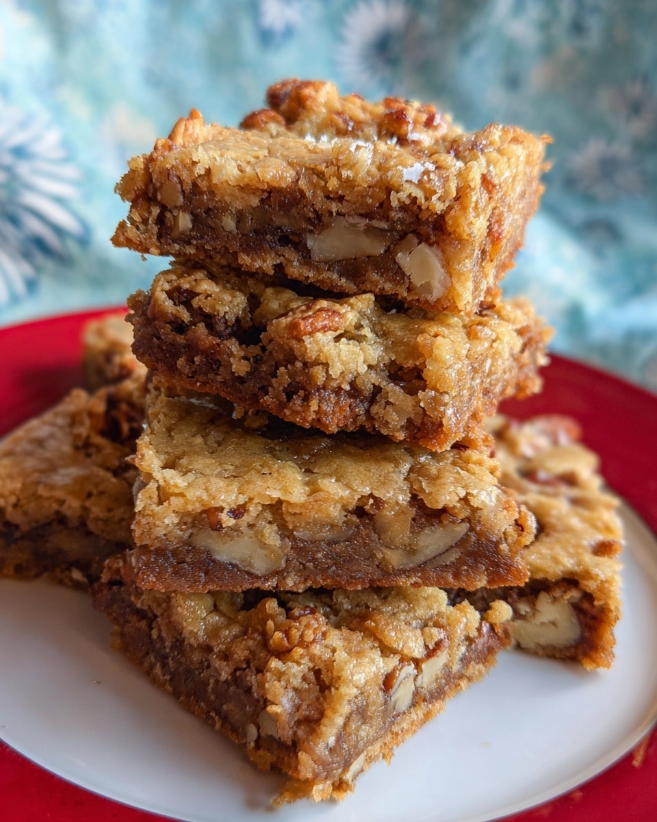 A stack of four golden-brown nut bars sits on a white plate with a red base showing, each bar square-shaped with a slightly rough, crumbly texture and visible chunks of nuts embedded inside. The top layer is a cracked, shiny crust with uneven surfaces and a mix of light and darker brown areas, suggesting a baked, crunchy exterior. The bars are piled unevenly, with the top bar tilted, showing its thick, dense interior and the nut pieces inside. The background is a soft-focus white marbled surface with a hint of blue patterned fabric. Photo taken with an iphone --ar 4:5 --v 7