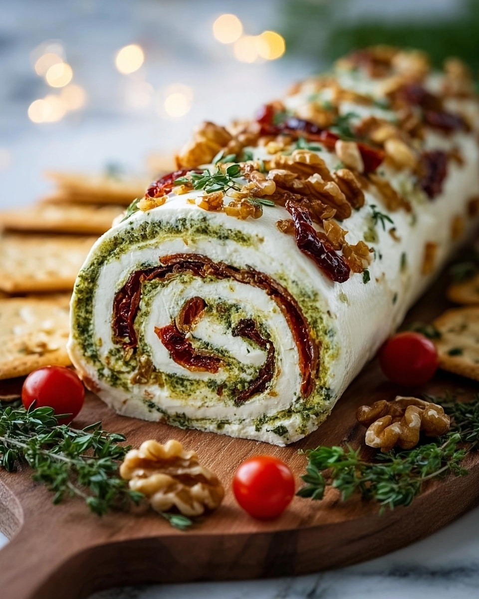 A round cheese roll with multiple visible layers, starting with a white creamy cheese base. Swirled inside are green pesto layers and strips of dark red sun-dried tomatoes that create a spiral pattern. The roll is topped with pieces of walnuts and sun-dried tomato bits. It sits on a wooden board surrounded by light brown crackers and leafy green herbs, all placed on a white marbled texture surface with blurred cherry tomatoes and lights in the soft background. Photo taken with an iphone --ar 4:5 --v 7