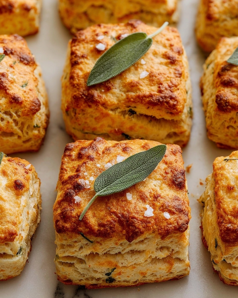 The image shows several baked square scones with a golden-brown crust on top, sprinkled with flaky sea salt and topped with a small pair of fresh sage leaves on the center scone. The scones have a rough, slightly crumbly texture with a light tan base and are placed close together on a white marbled surface. The baked tops show variations in color from light golden to darker brown spots, giving them a crispy, appetizing look. Photo taken with an iphone --ar 4:5 --v 7