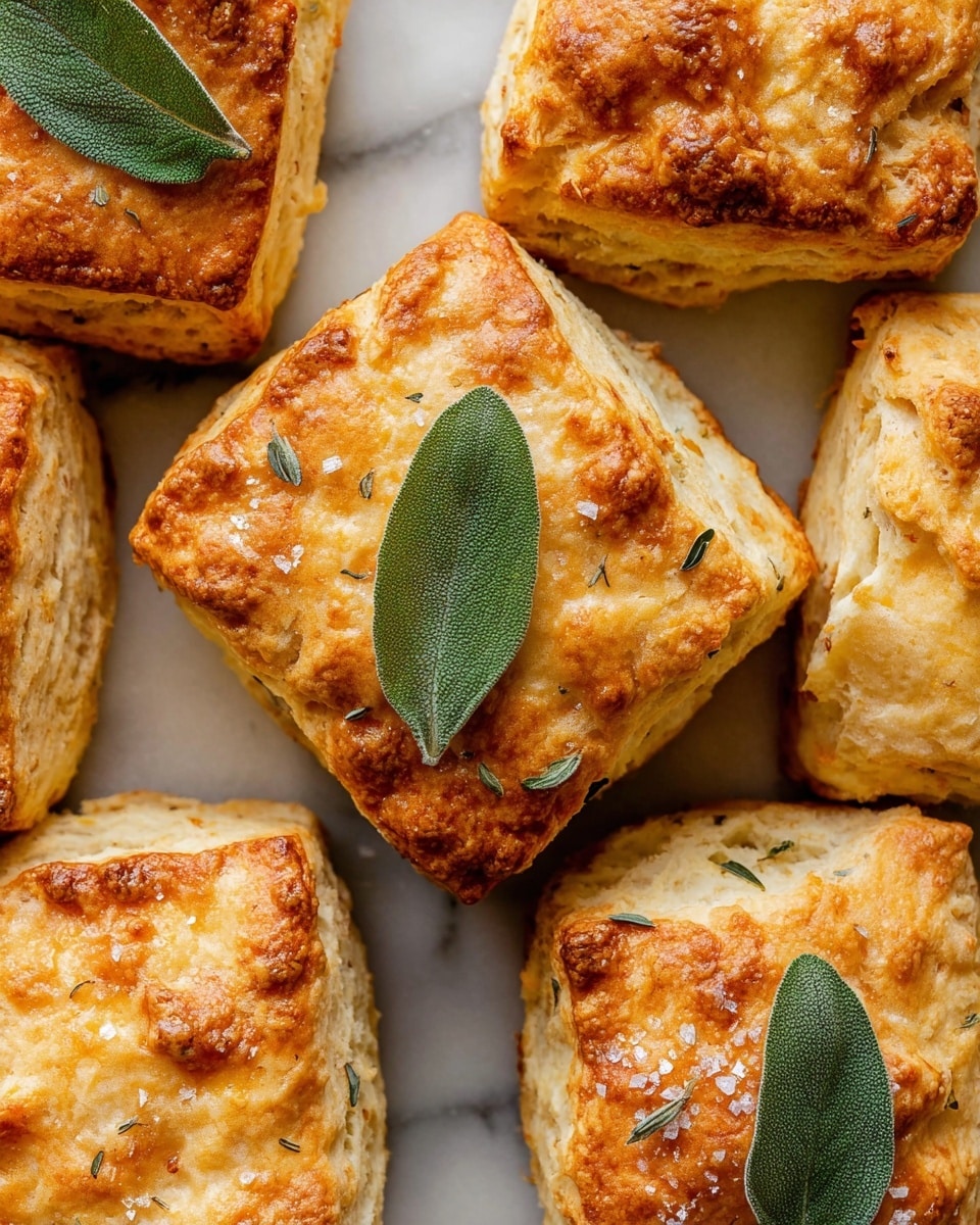 The image shows golden-brown square scones with a slightly crispy top and flaky, soft layers inside. Each scone has a textured surface with visible air pockets and a sprinkling of coarse salt crystals on top. One scone in the center is decorated with two fresh green herb leaves, adding a touch of color contrast. The scones are placed directly on a white marbled surface, arranged closely together, showing their irregular yet inviting shapes. photo taken with an iphone --ar 4:5 --v 7