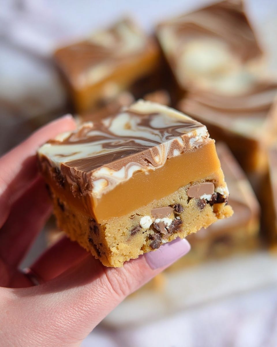 A close-up of a three-layer square dessert bar held by a woman's hand, showing the detailed layers clearly. The bottom layer is a thick, golden cookie dough with visible chocolate chips and white chocolate chunks creating a textured look. The middle layer is smooth and creamy caramel with a light amber color. The top layer is a shiny, marbled mix of milk and white chocolate with swirled patterns, adding a glossy finish. In the blurred background, more pieces of the same dessert are visible, resting on a white marbled surface. photo taken with an iphone --ar 4:5 --v 7