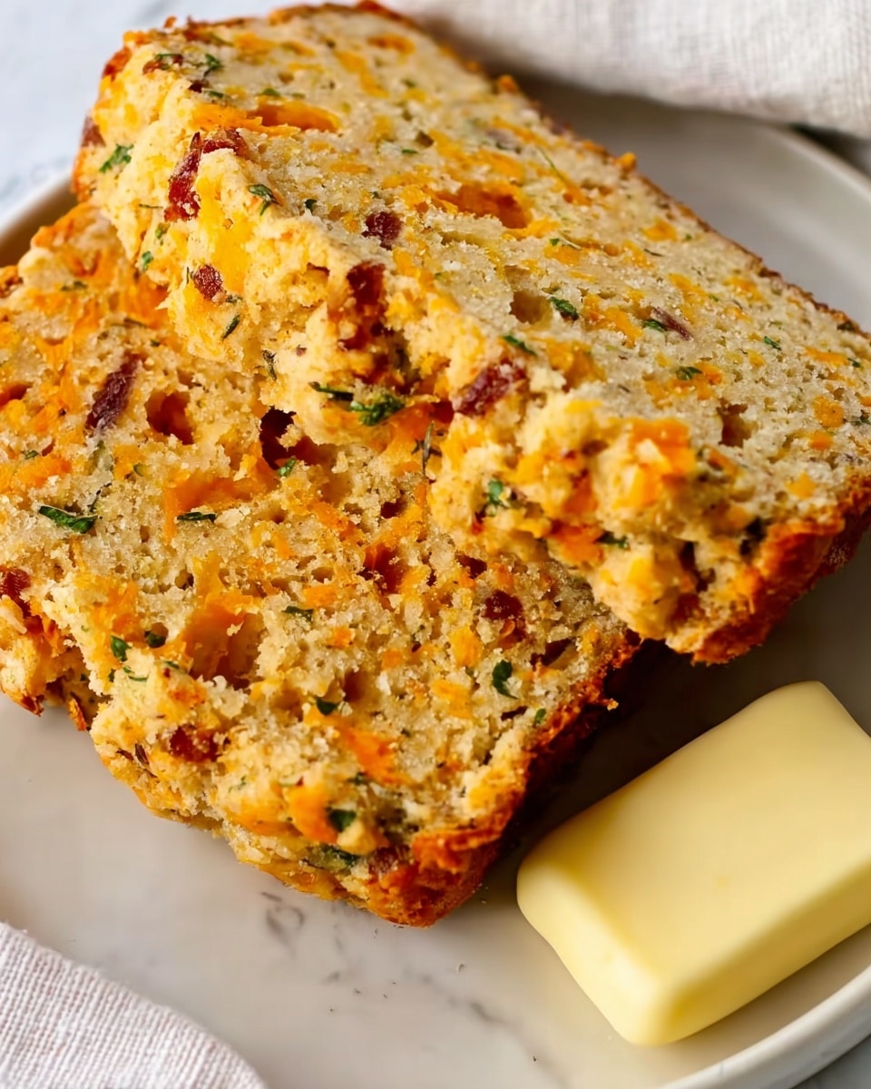 Two slices of savory bread are shown close up on a white plate with a white marbled background. Each slice has a rough texture with visible layers of crumb, mixed with orange cheddar cheese pieces and little green herb bits scattered throughout. There are some darker brown crunchy-looking bits embedded inside as well. In the bottom corner of the plate, there are two soft yellow butter pats with smooth edges. The bread slices look thick and dense, showing many small holes and crumbles in the mix. photo taken with an iphone --ar 4:5 --v 7