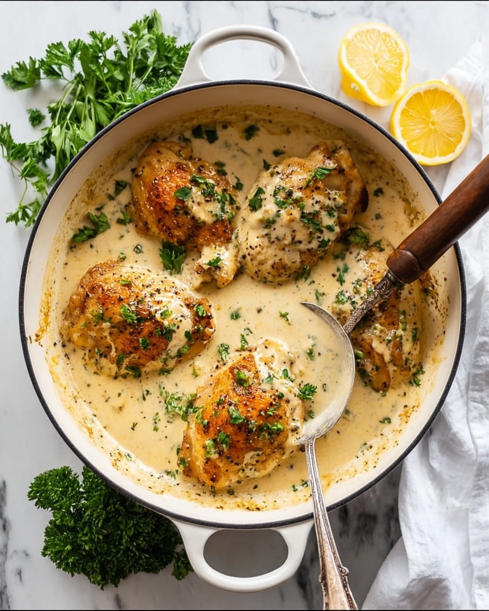 The image shows a white large pan with black handles holding four pieces of cooked chicken covered in creamy sauce with small green herb bits scattered on top. The chicken pieces are a golden brown with some black pepper visible through the thick, smooth sauce that looks rich and slightly speckled. A silver spoon with a wooden handle rests inside the pan, partly dipped in the sauce near the top right chicken piece. Around the pan, there are fresh green parsley sprigs and two bright yellow lemon wedges on a white marbled surface with a white cloth in the background. Photo taken with an iphone --ar 4:5 --v 7