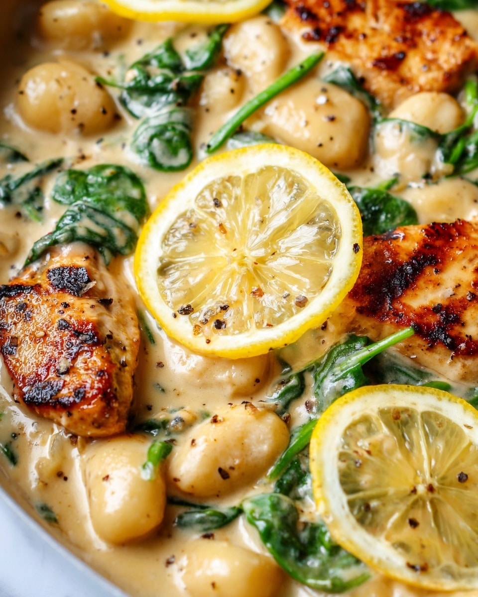 A close-up of a creamy dish showing three main layers: golden-brown grilled chicken pieces at the bottom with slight char marks, bright green spinach leaves scattered throughout the dish, and small, plump gnocchi coated in a light beige creamy sauce that covers everything. Two thin, translucent lemon slices rest on top, adding a fresh yellow contrast to the warm tones of the dish. The sauce has a smooth texture with visible specks of black pepper. The photo is on a white marbled surface. photo taken with an iphone --ar 4:5 --v 7