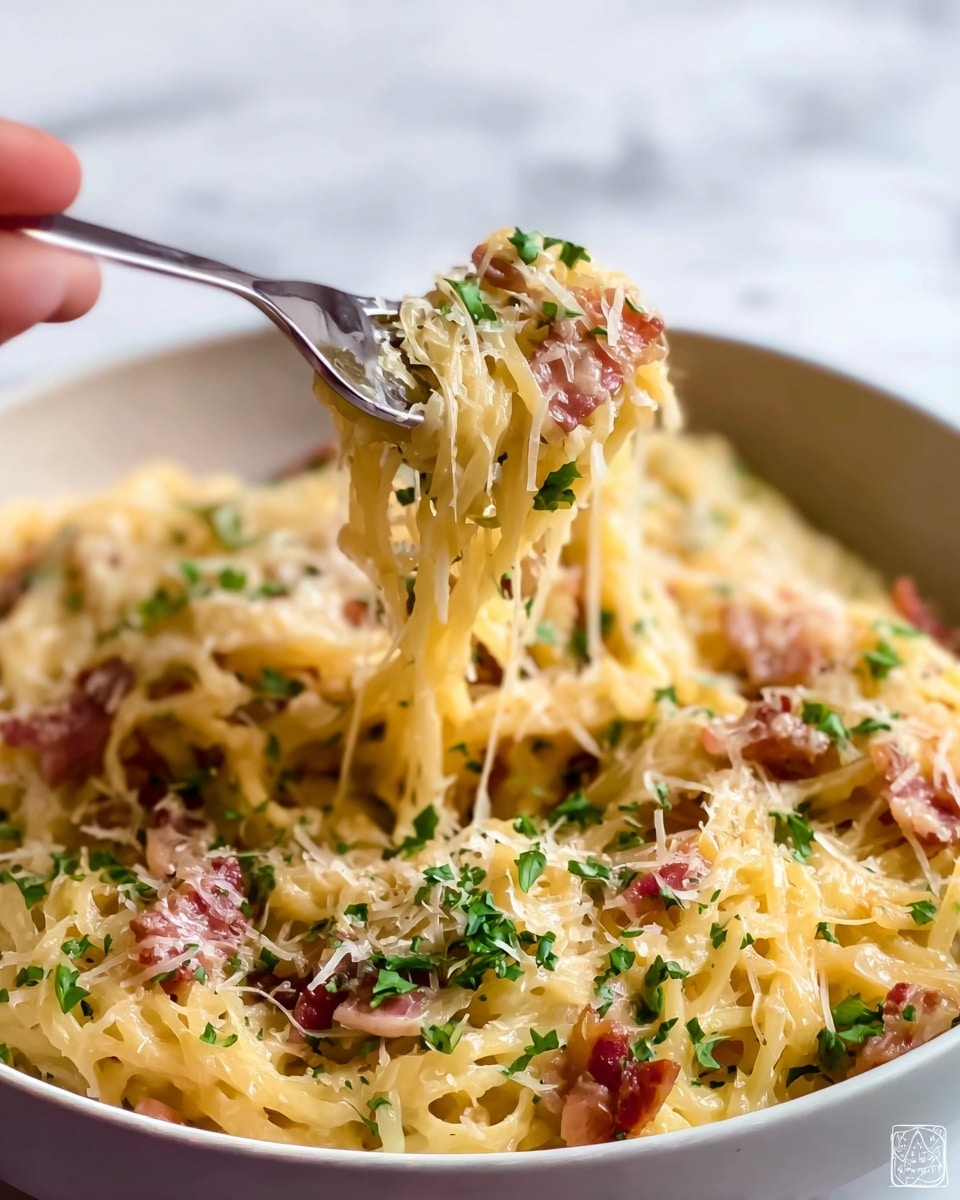 The dish is a close-up of creamy pasta mixed with small pieces of crispy bacon and sprinkled with fresh green parsley. The pasta is thin and yellowish with a shiny, cheesy texture, mixed evenly with bits of pink bacon and white melted cheese. A woman's hand holds a fork that is lifting some of the pasta, showing its soft and stringy texture. The pasta is served in a white bowl, placed on a white marbled surface. photo taken with an iphone --ar 4:5 --v 7
