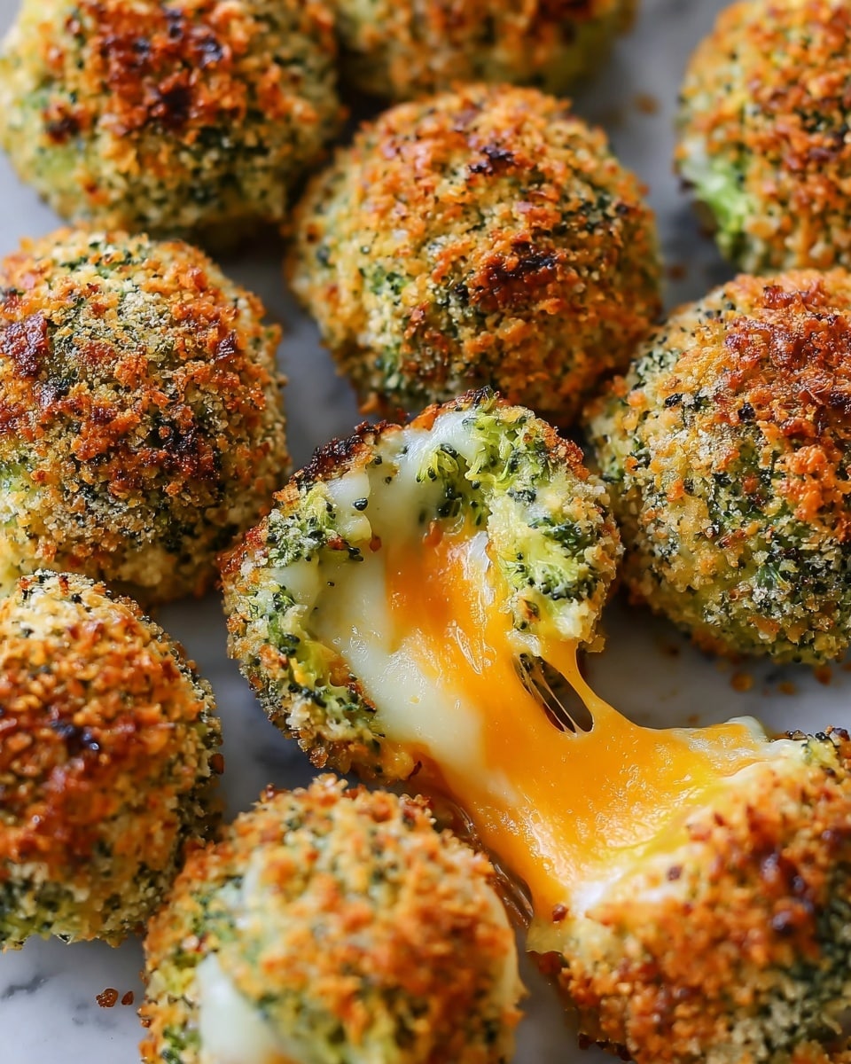 The image shows several round broccoli bites closely packed together on a white marbled texture. Each bite has three layers: the outer layer is finely chopped green broccoli covered with a crunchy, golden brown breadcrumb crust with an uneven texture. The middle layer is melted white cheese that oozes slightly, and the innermost layer is bright orange melted cheddar cheese that looks creamy and smooth. One broccoli bite in the center is broken open, revealing these layers clearly with the melted cheese stretching out. The overall look is warm, cheesy, and crispy. Photo taken with an iphone --ar 4:5 --v 7